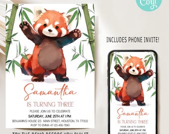 Red Panda Birthday Invitation: Editable Woodland Kids Party (Digital Download 5x7"/1080x1920 px )