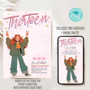 13th Birthday Invitation Girl, Editable Thirteen Birthday Invite, Pink Thirteen Party Invite, Ginger Girl Party Invite, Anime Girl Invite