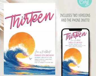 13th Birthday Invitation Editable, Editable Beach Birthday Party Invitation, Beach Party Invite, Thirteen Birthday Party, Teen Summer Party