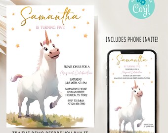 May include: A birthday party invitation featuring a cartoon unicorn and the text "Samantha is turning five." The invitation includes event details and a phone invite option. The design has gold stars and a watercolor effect.