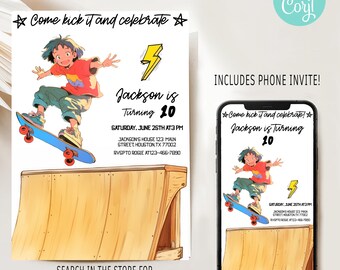 Könnte beinhalten: Eine Geburtstagseinladung für einen 10-jährigen Jungen, der Skateboard fahren liebt. Die Einladung zeigt eine Comic-Illustration eines Jungen, der auf einer Rampe Skateboard fährt. Der Text auf der Einladung lautet: "Komm und feier mit! Jackson wird 10. Samstag, 25. Juni um 15:00 Uhr. Jacksons Haus 123 Main Street Houston, TX 77002. RSVP an Rosie unter 123-456-7890."