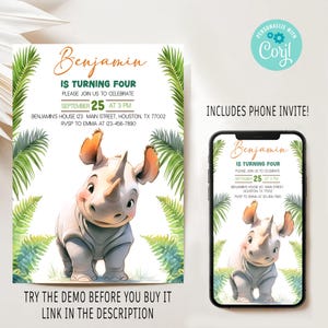 Invito di compleanno a tema rinoceronte, invito modificabile e stampabile per la festa a tema rinoceronte, invito per la festa safari, invito per la festa di compleanno a tema animali selvatici per bambini