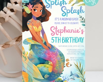 Bewerkbare verjaardagsuitnodiging zeemeermin: Under the Sea Party (digitale download)