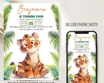 Tiger Birthday Invitation: Safari Jungle Party, Editable Template (Digital Download)