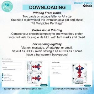 May include: A screenshot of a computer screen showing instructions for downloading a printable invitation. The invitation features a cartoon image of Spiderman. The text on the screen reads "Downloading", "Printing From Home", "Professional Printing", "For Sending Digitally", "Download Design", "Download File Format", "Paper Size", "Show Bleed", "Show Trim Marks", "Flatten PDF", "PDF Fits to Edge", "Fit Multiples Per Page", "Example of download for printing from home", "Example of download for sending digital", "Dream Paws Studio".