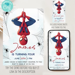 Bearbeitbare Spider Man Geburtstagseinladungsvorlage, Spiderman Mobile einladen, Spiderman Karte, Digitale Kinder Party einladen, Spiderman einladen, SM1