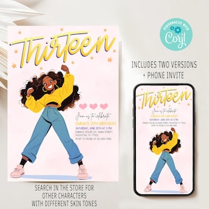 13th Birthday Invitation Girl, Editable Thirteen Birthday Invitation, Pink Thirteen Party Invite, Black Girl Party Invite, Anime Girl Invite
