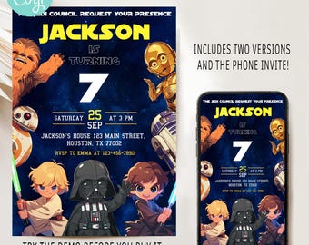 編集可能なスターウォーズ誕生日招待状、スターウォーズパーティー、スターウォーズ電話招待状、スターウォーズ誕生日カードテンプレート、SW1