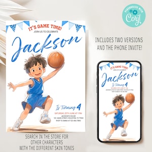 Faire-part d'anniversaire de basket-ball, invitation de basket-ball modifiable, invitation imprimable de sport d'enfant, invitation modifiable de partie de cerceaux, invitation de panier d'anime