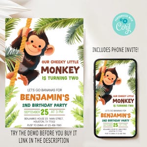 Monkey themed Birthday Invite, Cute Monkey 2nd Birthday Invite, Cheeky Little Monkey Birthday Invite, Jungle Invite, Safari Party Invite