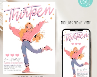 May include: A pink and purple digital invitation with the text "Thirteen" and a cartoon illustration of a girl with blonde hair wearing a pink sweater and blue jeans. The invitation includes the text "Join us to celebrate Emma's 13th Birthday" and details for the party.