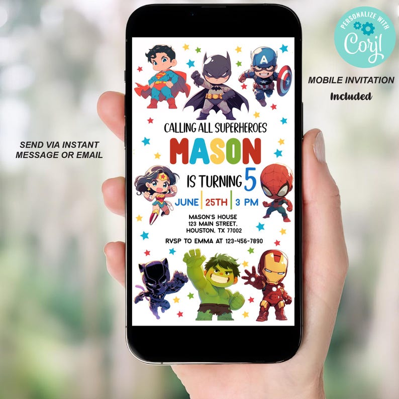 May include: A mobile phone screen displaying a superhero-themed birthday invitation for a boy named Mason turning 5. The invitation features cartoon images of superheroes like Superman, Batman, Wonder Woman, Spiderman, Hulk, Iron Man, and Black Panther. The invitation includes the date, time, and location of the party.