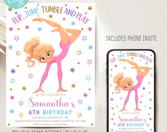 Invitación de cumpleaños de gimnasia editable: Fiesta de gimnasta rubia (Descarga digital)
