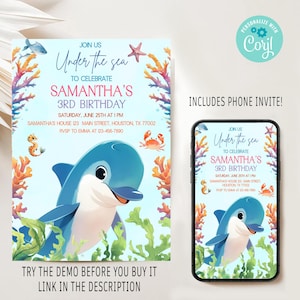 Dolphin Birthday Invitation, Dolphin Party Invite for Boys and Girls, Ocean Theme Party, Under the Sea Invite, Dolphin Beach Party Invite