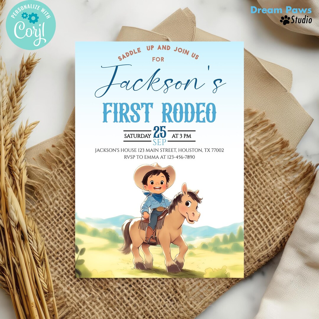 First Rodeo Birthday Boy Invitation, Brunette Cowboy 1st Birthday ...