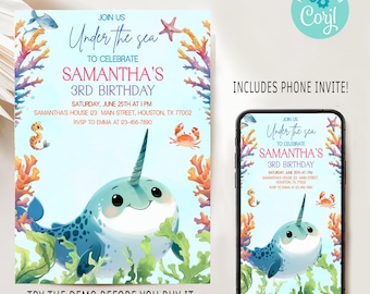 Puede incluir: Una invitación de cumpleaños con el tema "Bajo el mar", con una ilustración de narval. La invitación incluye el texto "Únete", "3er cumpleaños de Samantha" y detalles del evento. También se incluye una invitación telefónica.