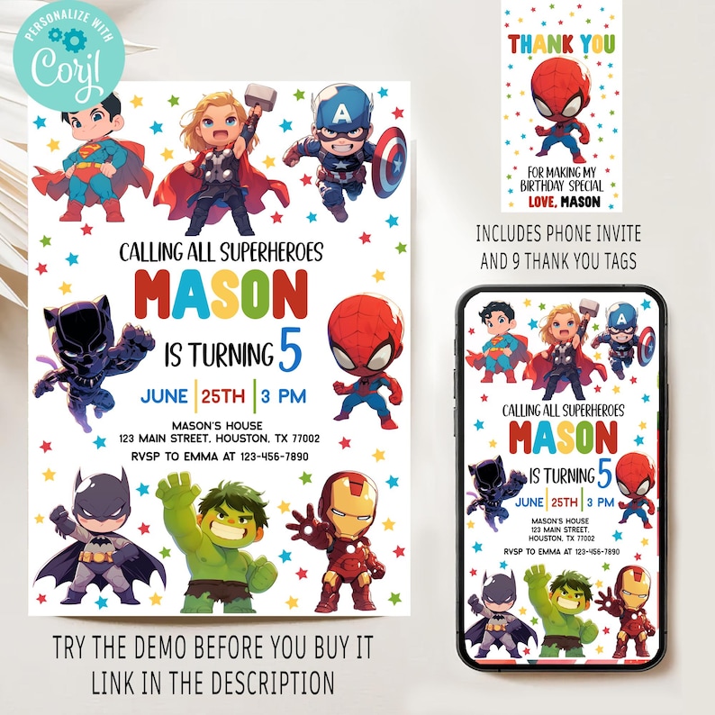 Editable Superhero Invitation, Superheroes Printable Birthday Invite, Super Hero Invite, Hero Invite, Superhero Birthday Invitation, SH1 image 1
