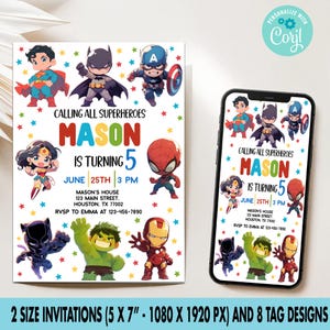 Faire-part modifiable super-héros, invitation d'anniversaire imprimable super-héros, invitation super-héros, invitation héros, faire-part d'anniversaire super-héros, SH1