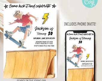 Könnte beinhalten: Eine Geburtstagseinladung für einen 10-jährigen Jungen, der Skateboard fahren liebt. Die Einladung zeigt eine Comic-Illustration eines Jungen, der auf einer Halfpipe Skateboard fährt. Der Text auf der Einladung lautet "Komm und feier mit! Jackson wird 10 Jahre alt." Die Einladung enthält auch das Datum, die Uhrzeit und den Ort der Party.