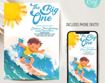 The Big One Surf Birthday Invitation, Editable Boy The Big One Surfing 1st Birthday, Beach Summer Pool Party Invitation, Summer 1st Birthday