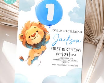 May include: A birthday invitation featuring a cartoon lion holding a blue balloon with the number 1. The invitation text reads "Join us to celebrate Jackson First Birthday" with date, time, and location details.