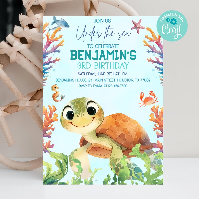 Editable Turtle Birthday Invitation: Ocean Party Invite (digital ...