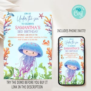 Editable Jellyfish Birthday Invitation, Jellyfish Party Invite for Boys and Girls, Ocean Theme Kids Party, Under the Sea Invite