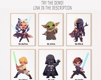 6 枚の編集可能なスターウォーズ プリント セット、パーソナライズされたスターウォーズ 保育園デジタル プリント、スターウォーズ ポスター、スターウォーズ ポスター セット、スターウォーズ 子供用装飾