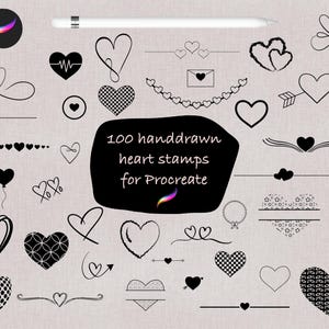 May include: A set of 100 black and white hand-drawn heart stamps for Procreate. The stamps include hearts, arrows, swirls, and other designs.