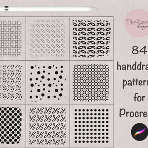 May include: A set of 84 hand-drawn patterns for Procreate, featuring various geometric shapes and designs in black and white.