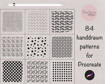 May include: A set of 84 hand-drawn patterns for Procreate, featuring various geometric shapes and designs in black and white.