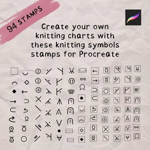 May include: A collection of 94 knitting symbol stamps for Procreate. The image features a variety of black and white knitting symbols arranged in a grid, with text that reads "Create your own knitting charts with these knitting symbols stamps for Procreate."