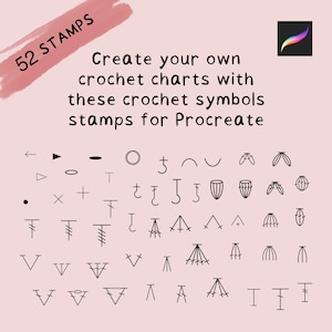 Könnte beinhalten: Eine Sammlung von 52 Häkelsymbol-Stempeln für Procreate, auf hellrosa Hintergrund. Der Text lautet: "Erstellen Sie Ihre eigenen Häkelschriften mit diesen Häkelsymbol-Stempeln für Procreate". Die Stempel umfassen verschiedene Formen und Linien.