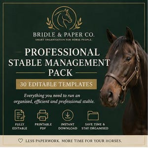Può includere: Una grafica digitale verde scuro con una testa di cavallo marrone e il testo: BRIDLE & PAPER CO. SMART ORGANISATION FOR HORSE PEOPLE. PROFESSIONAL STABLE MANAGEMENT PACK. 30 EDITABLE TEMPLATES. FULLY EDITABLE, PRINTABLE PDF, INSTANT DOWNLOAD, SAVE TIME & STAY ORGANISED.