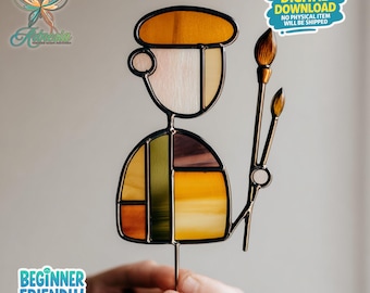 An Artist With A Beret Stained Glass Pattern, Art Suncatcher, Painting Stained Glass, Suncatcher Template, Home Decor, Crafting Gift, Art