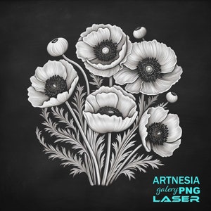 Poppy flower v2 PNG Laser engraving file for Slate Coaster, Laser ready Design, Slate Coaster Engraved, CNC router files