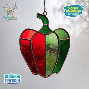 May include: Stained glass pepper pendant with red and green sections, hanging from a chain. The design features a copper-colored frame and the text "Beginner Friendly" and "Digital Download".