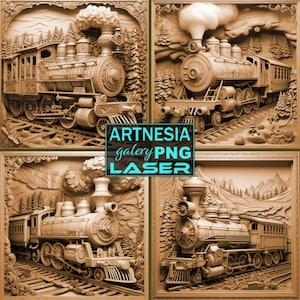4 Train 3D illusion PNG Laser burn file, Digital Relief Design, Engraved File, Laser, Lightburn File