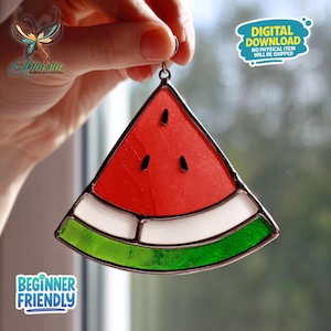 May include: A stained glass watermelon slice with red, white, and green sections, featuring black seed details. The design includes the text "DIGITAL DOWNLOAD NO PHYSICAL ITEM WILL BE SHIPPED" and "BEGINNER FRIENDLY".