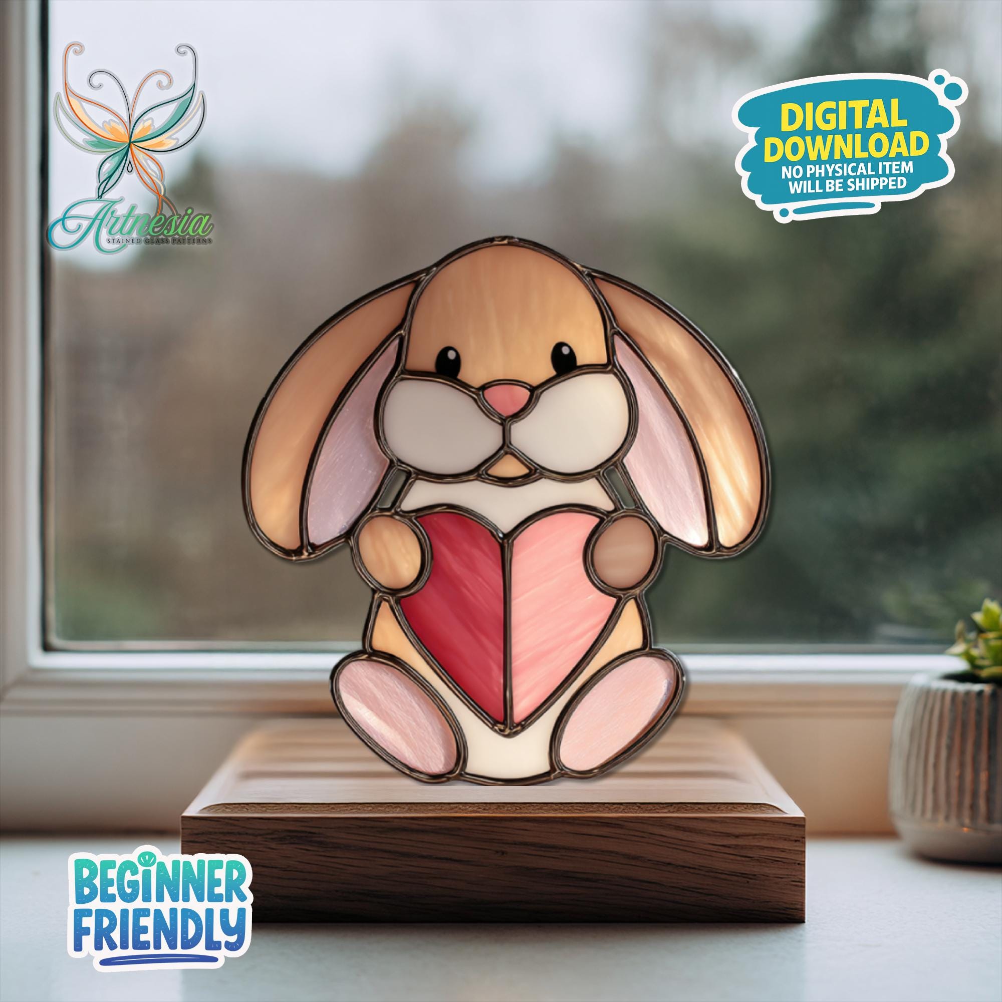 Simple Stained Glass Rabbit Rabbit and Heart Stained Glass Pattern, Bunny Suncatcher, Crafting Gift ...