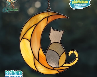Vitral de luna creciente y gato, atrapasol lunar, patrón de gato, regalo artesanal, vitral, patrón hecho a mano, decoración de pared