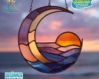 Halbmond mit Sonnenuntergang Glasmalerei, Suncatcher, Mond Glasmalerei, Suncatcher Vorlage, Wohnkultur, Gärtnergeschenk, Wandkunst