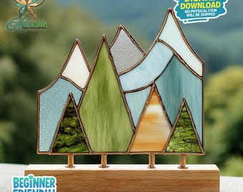 Mountain Landscape Stained Glass Pattern, Suncatcher, Nature Stained Glass, Suncatcher Template, Home Decor, Crafting Gift, Wall Art