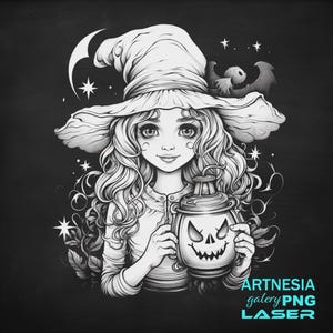 Litle Witch PNG Laser engraving file for Slate Coaster, Laser ready Design, Slate Coaster Engraved, CNC router files