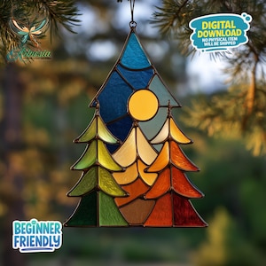 May include: A stained glass suncatcher in a triangular shape, depicting a landscape with trees and a sun. The design uses blue, green, yellow, and orange. The image includes the text "DIGITAL DOWNLOAD NO PHYSICAL ITEM WILL BE SHIPPED" and "BEGINNER FRIENDLY".