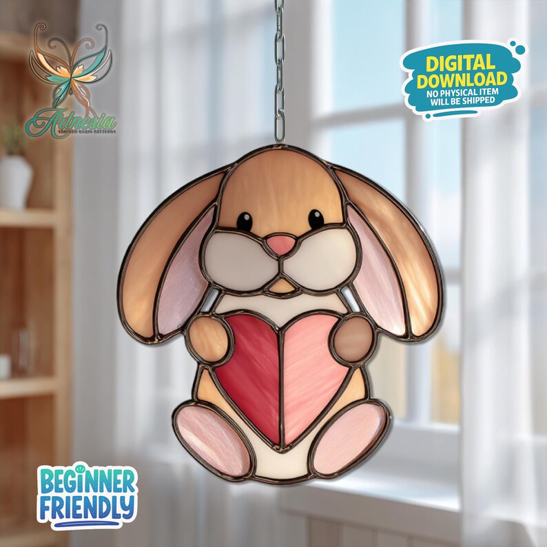 Simple Stained Glass Rabbit Rabbit and Heart Stained Glass Pattern, Bunny Suncatcher, Crafting Gift ...