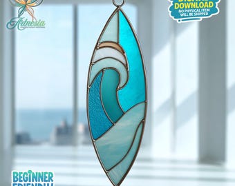 Surfboard Stained Glass Pattern, Surfboard Stained Glass, Suncatcher, Surfboard Stained Glass Pattern Window Hanging, Handmade Gift
