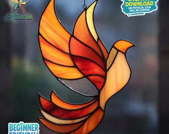 Phoenix Stained Glass Pattern, Phoenix Suncatcher, Fire Bird Stained Glass, Suncatcher Template, Home Decor, Crafting Gift, Wall Art