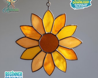 Patrón de vitral de girasol, atrapasol de girasol, regalo artesanal, vitral, patrón hecho a mano, arte mural, decoración de jardín, decoración de pared
