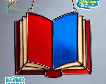 Book Stained Glass Pattern, Book Suncatcher, bookish Stained Glass, Suncatcher Template, Home Decor, Crafting Gift, Wall Art